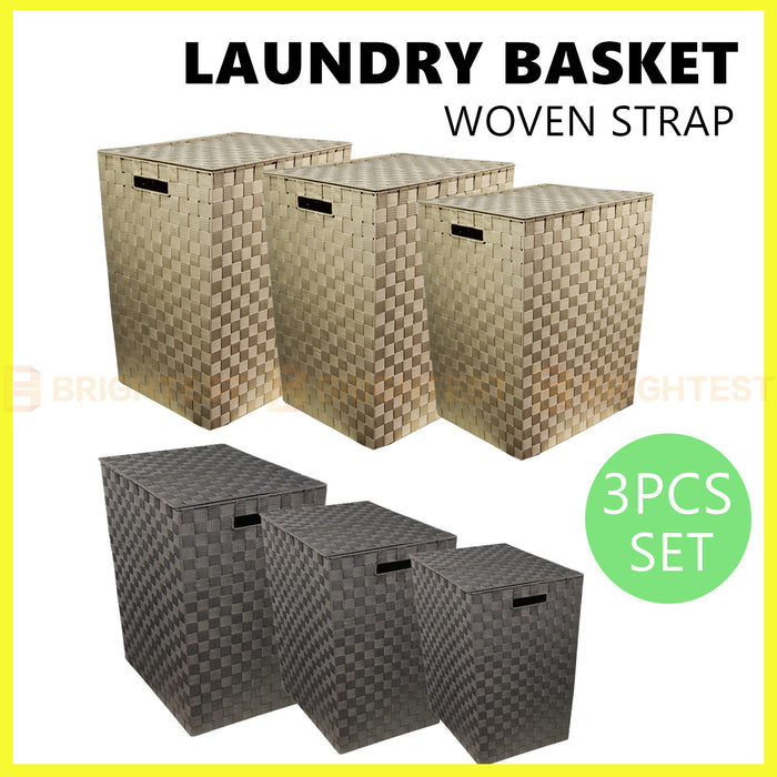 3pcs Woven Strap Laundry Basket Hamper Storage Clothes Washing Bin with Lid