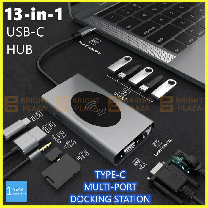 13 in 1 USB-C Type C USB Hub Adaptor Multiport Card Reader 4K HDMI SD Charger