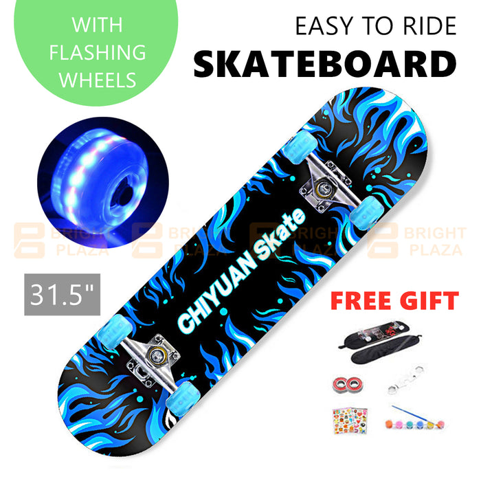 Kids Teenagers Skateboard Beginner to Pro Boards Outdoor Light Up Wheels Blue Fire