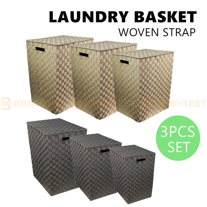 3pcs Woven Strap Laundry Basket Hamper Storage Clothes Washing Bin with Lid