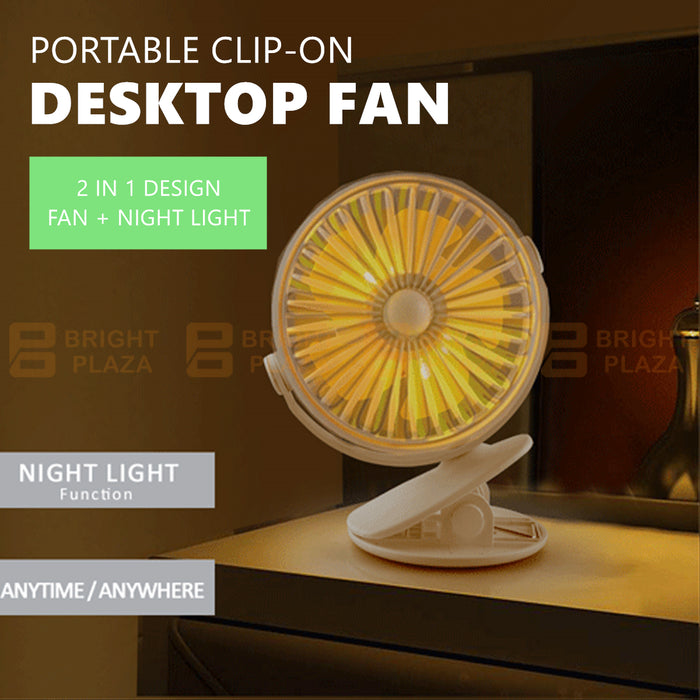 Portable Clip On Small Desk Fan Cooler Cooling USB Rechargeable Desktop Night Light