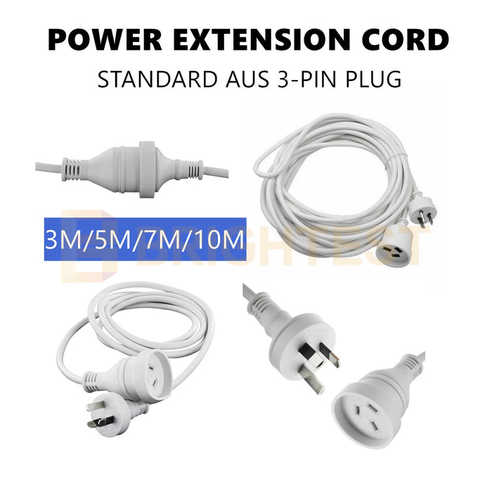 3M/5M/7M/10M Mains Power Extension Cord Lead Aus 3-Pin Plug 240V White Cable