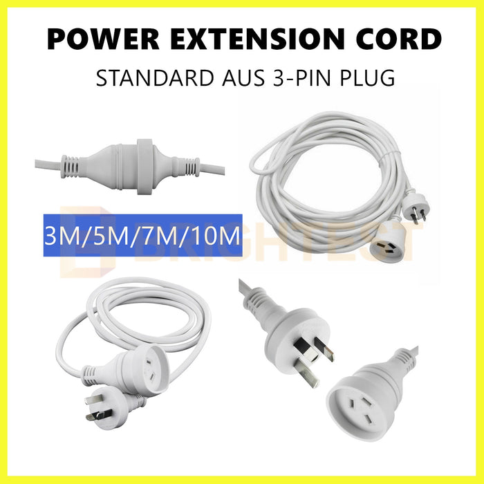 3M/5M/7M/10M Mains Power Extension Cord Lead Aus 3-Pin Plug 240V White Cable
