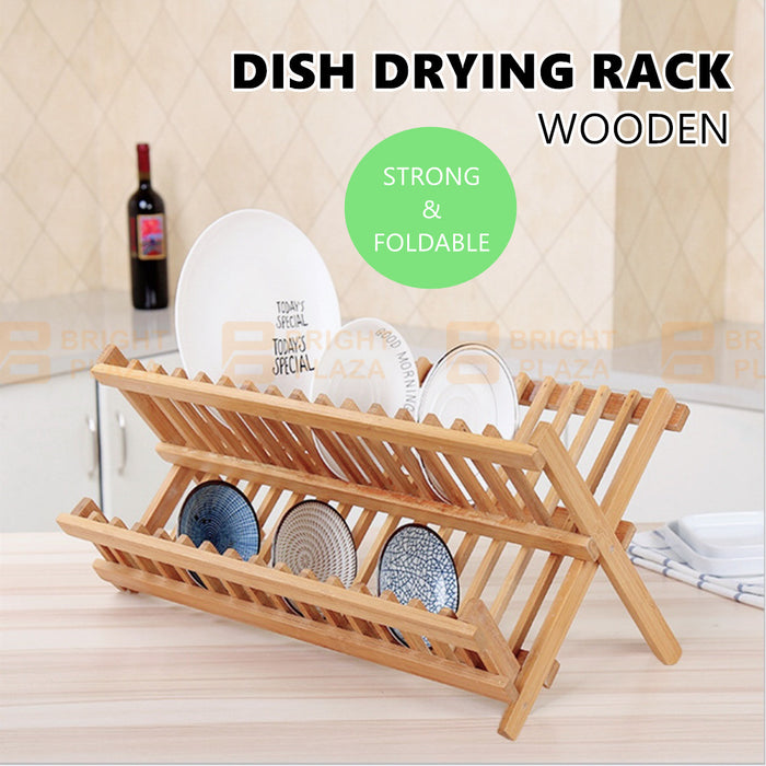 Foldable Natural Wooden Dish Drying Rack Drainer Plate Cup Holder Utensil Tray