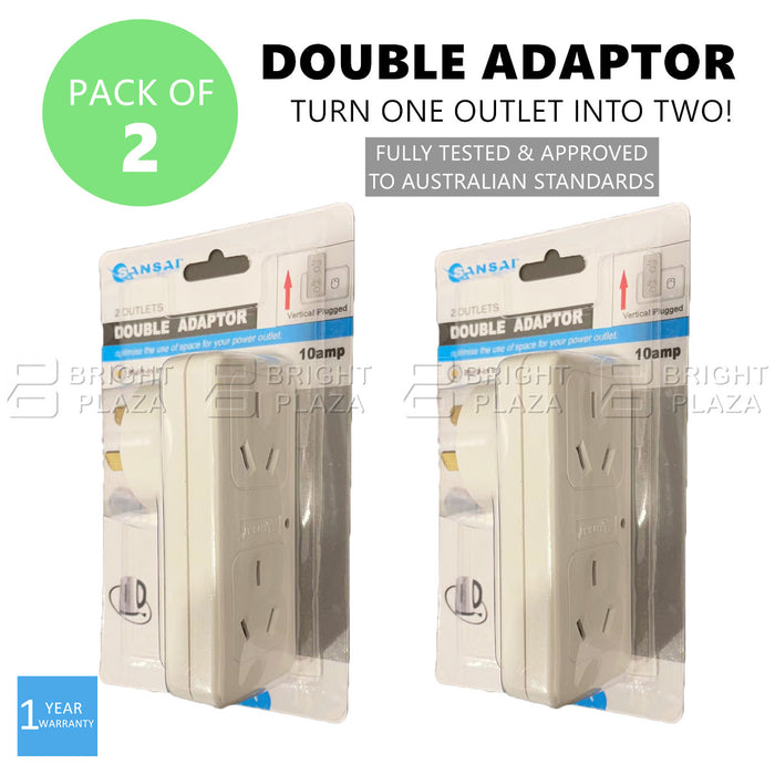 2 x Power Double Adaptor Vertical 2 Socket White Outlet Splitter Save Space Twin Pack