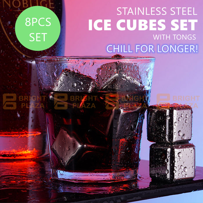 8pcs Stainless Steel Ice Cubes Whiskey Wine Metal Stones Reusable Cooling Rocks Tong