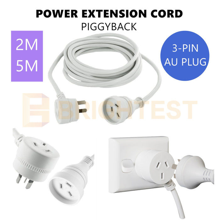 2M/5M Piggyback Power Extension Cord Lead Australian 3-Pin Plug 240V White Cable