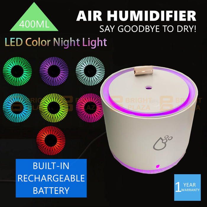 Portable Rechargeable Air Humidifier Diffuser Moisturise Mist Night Light Cool