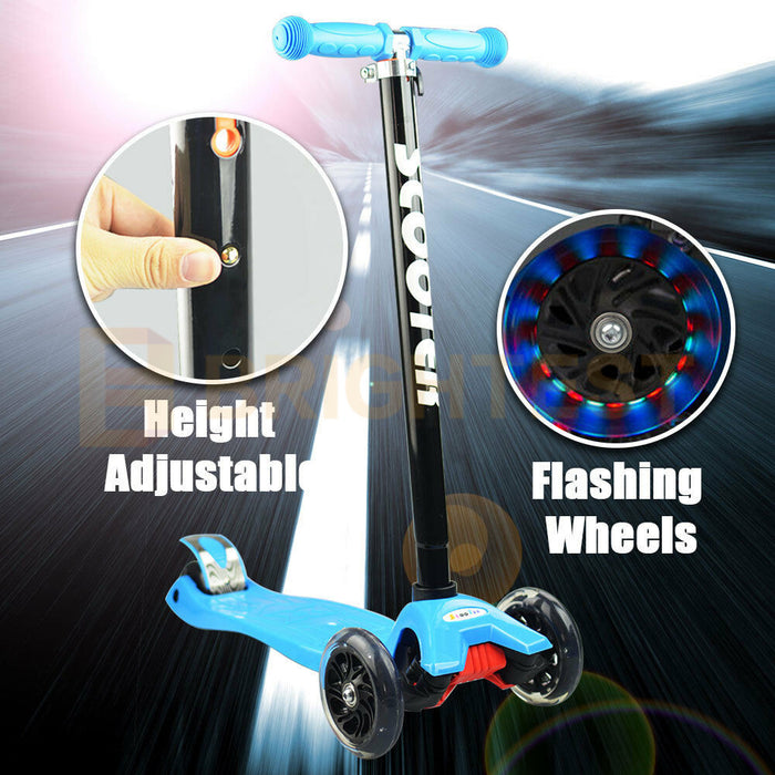 Foldable Kids Scooter Adjustable Height Flashing LED Lights 3 Wheels Kick Push Skate
