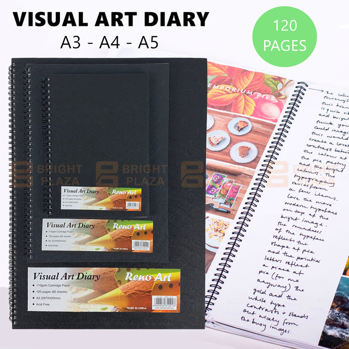 Visual Art Diary A3 A4 A5 Hardcover Black Spiral Wire 110gsm 120 Pages Draw Sketch