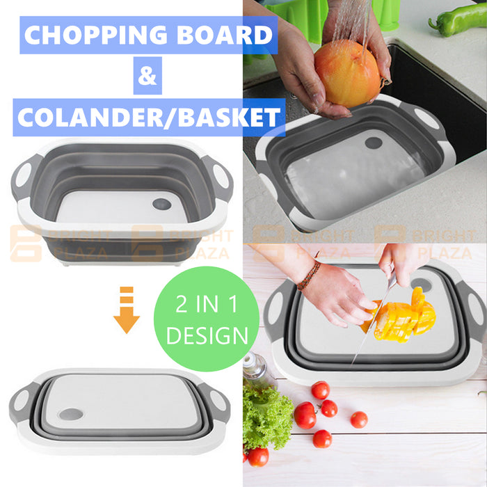 Foldable Kitchen Chopping Board Storage Basket Colander Wash Basin Portable 2 in 1