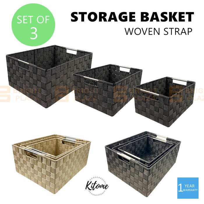 3pcs Woven Strap Storage Basket Organiser Set Portable Clothes Washing Hamper