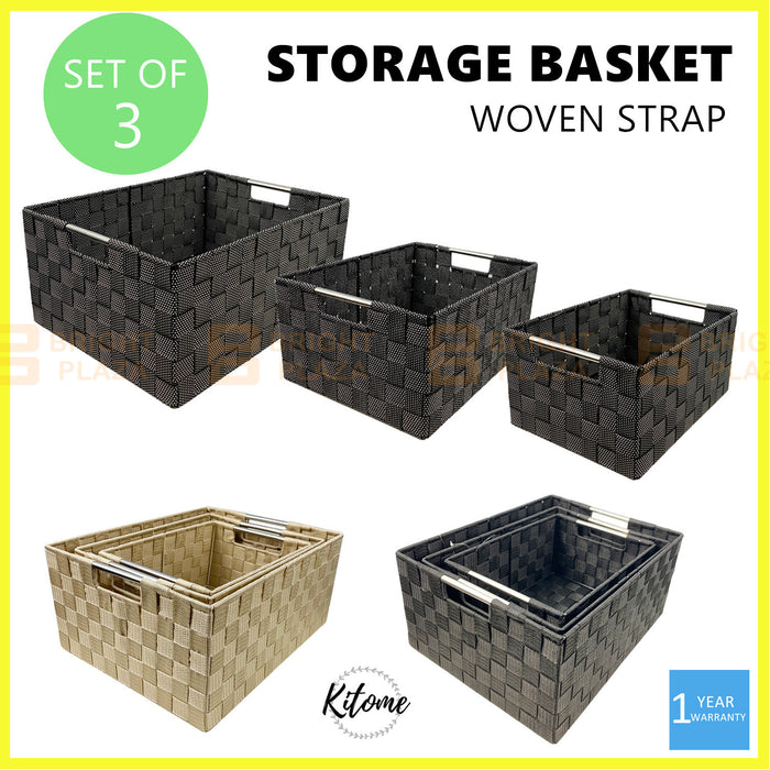 3pcs Woven Strap Storage Basket Organiser Set Portable Clothes Washing Hamper