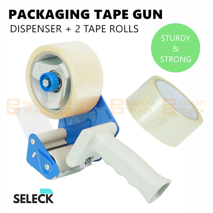 Packing Tape Dispenser Gun + 2 Rolls 50M x 48MM Clear Tape With Cutter Packaging