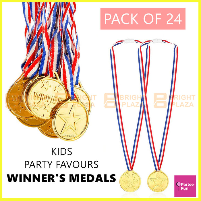 24pk Plastic Gold Winner Medals Party Games Loot Bag Birthday Sports Prize Award
