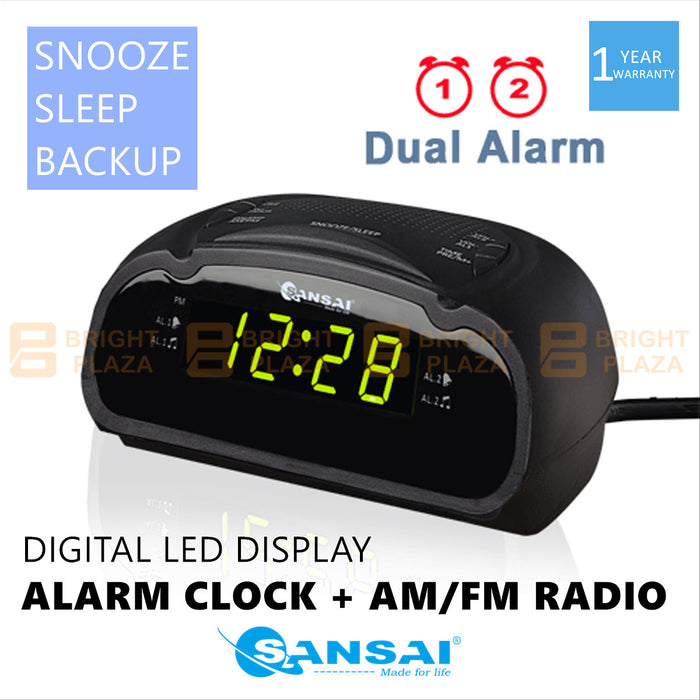 Digital Alarm Clock Radio AM/FM Large Green LED Display Snooze Sleep Backup