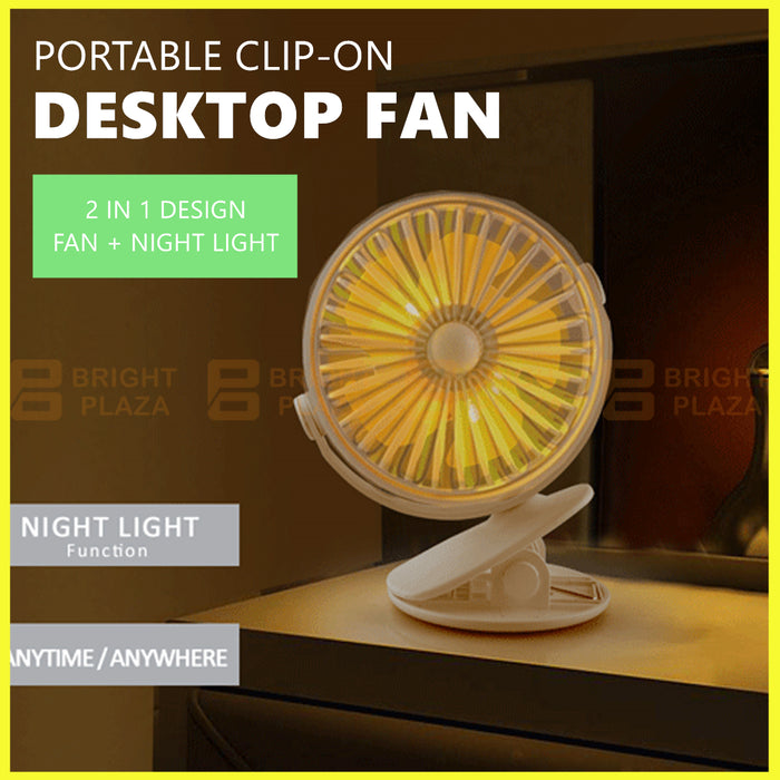 Portable Clip On Small Desk Fan Cooler Cooling USB Rechargeable Desktop Night Light