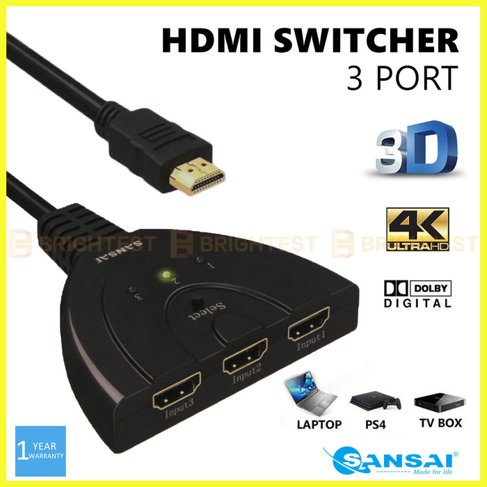4K 1080P HDMI HDTV Switch Switcher Selector Splitter Cable 3 Port Way In 1 Out