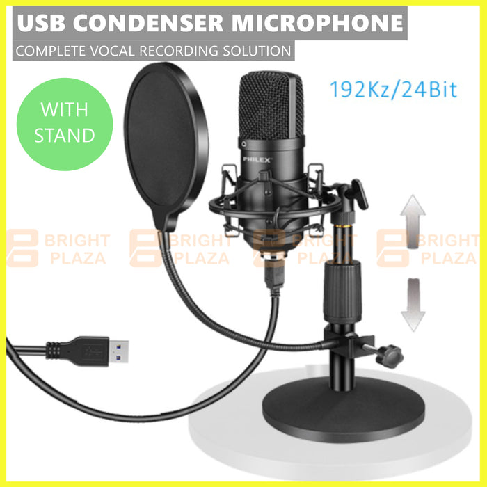 USB Condenser Microphone Studio Mic Vocal Recording Podcast Pop Filter And Stand