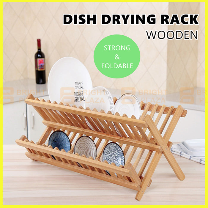 Foldable Natural Wooden Dish Drying Rack Drainer Plate Cup Holder Utensil Tray