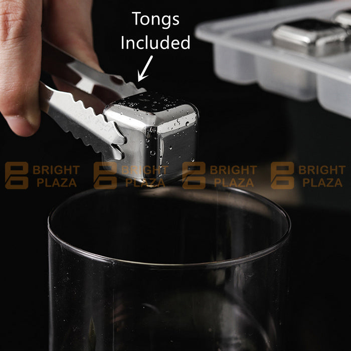 8pcs Stainless Steel Ice Cubes Whiskey Wine Metal Stones Reusable Cooling Rocks Tong