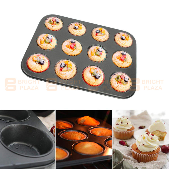 12 Cup Muffin Cupcake Pan Tray Tin Cake Non-Stick Baking Bakeware Dish Cookie