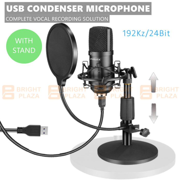 USB Condenser Microphone Studio Mic Vocal Recording Podcast Pop Filter And Stand